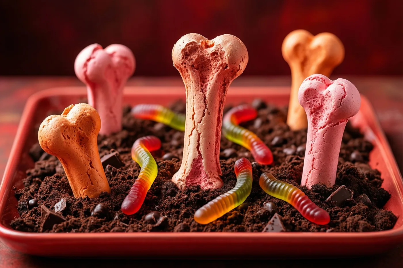 Op een rode schaal steken meringuebotjes uit chocoladekoekkruimels die op aarde lijken, met kleurrijke snoepwormen ertussen, tegen een donkerrode achtergrond.
