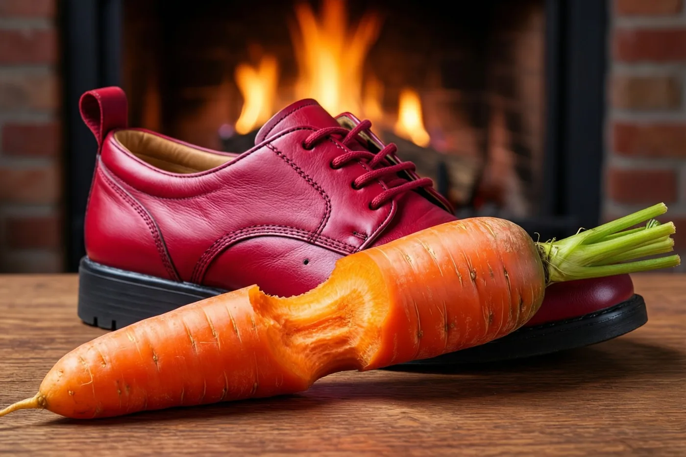 Een grote oranje wortel waar een hap uit is ligt dwars over een rode leren schoen op een houten oppervlak, met een brandende bakstenen haard op de achtergrond.