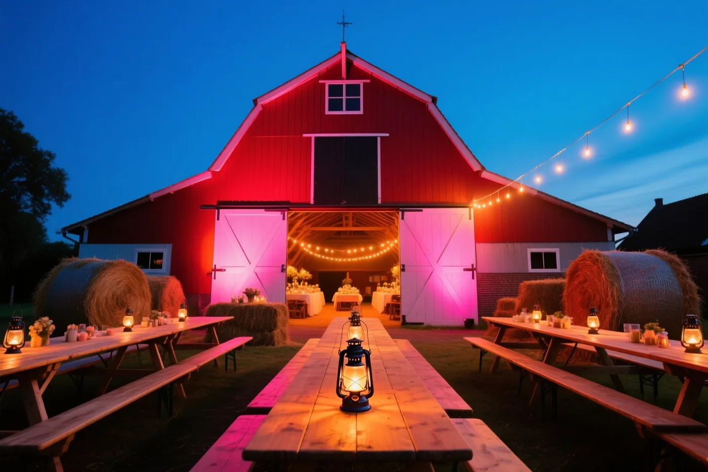 Bij een rode schuur met open deuren staan lange houten picknicktafels, hooibalen en brandende lantaarns in de schemering, met roze en rode verlichting op de schuur.