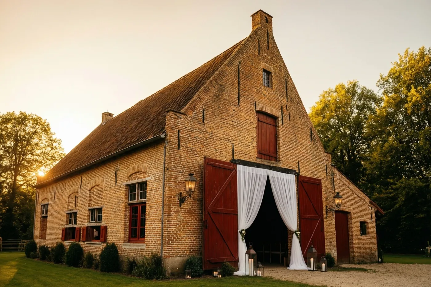 Een bakstenen schuur op een Vlaamse hoeve is aan de grote rode deuren versierd met witte doeken en lantaarns in het gouden licht van de ondergaande zon.