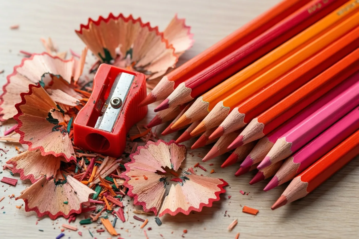 Een rode potloodslijper ligt tussen kleurrijk slijpsel op een houten bureau naast een rij geslepen kleurpotloden, met veel rood, oranje en roze in beeld.