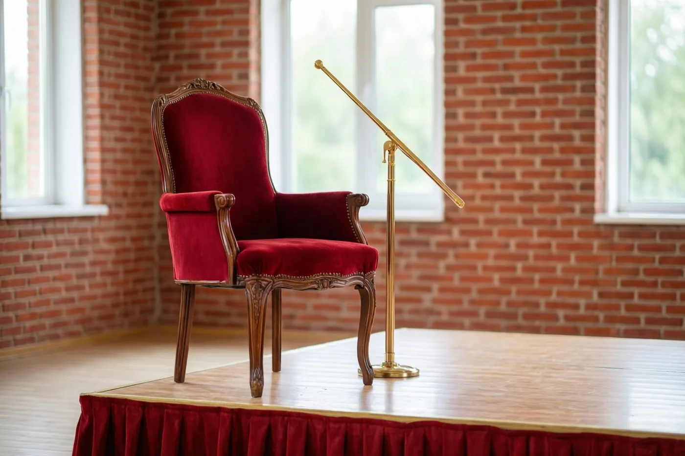 Een rode fluwelen stoel en een gouden staf staan op een klein houten podium met een rood fluwelen doek, voor een rode bakstenen muur met ramen.
