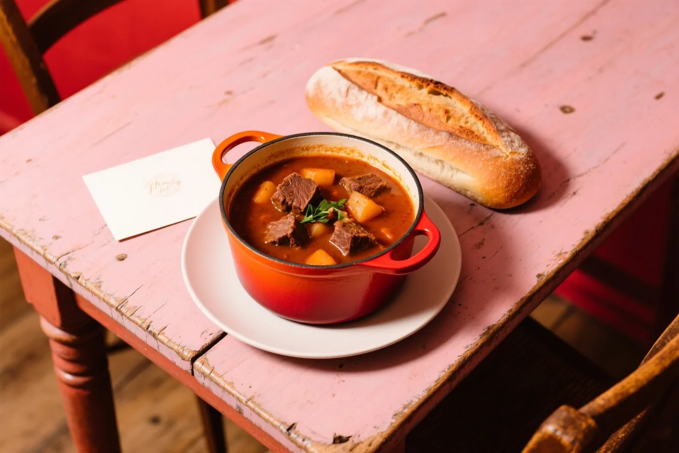 Een rode gietijzeren pot runderstoofvlees en een brood staan op een verweerde roze houten tafel in warm licht.