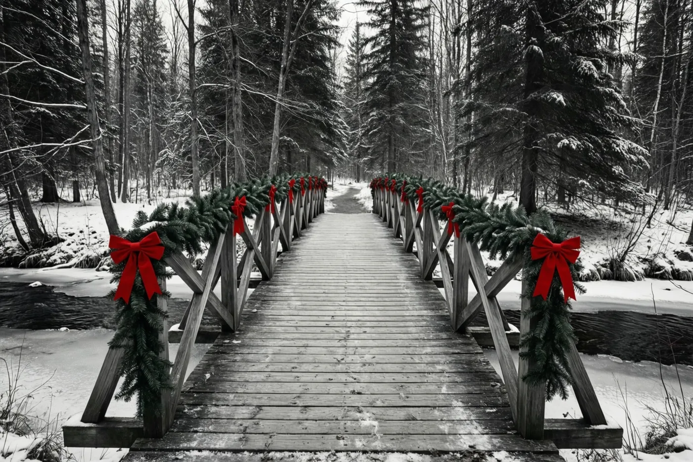 Een zwart-witbeeld toont een houten voetbrug met sparrenslingers en rood gekleurde strikken over een bevroren beek in een besneeuwd bos.