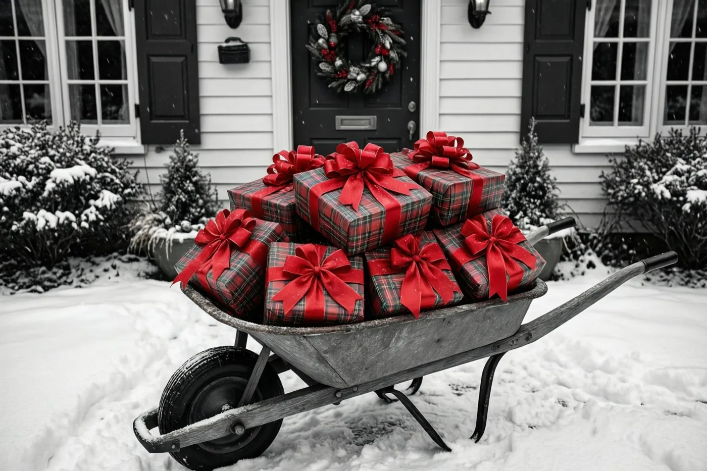 Een grotendeels zwart-witbeeld toont een overvolle kruiwagen met kerstcadeaus in de sneeuw voor een deur met een krans, waarbij rode strikken en ruitpatronen in kleur opvallen.