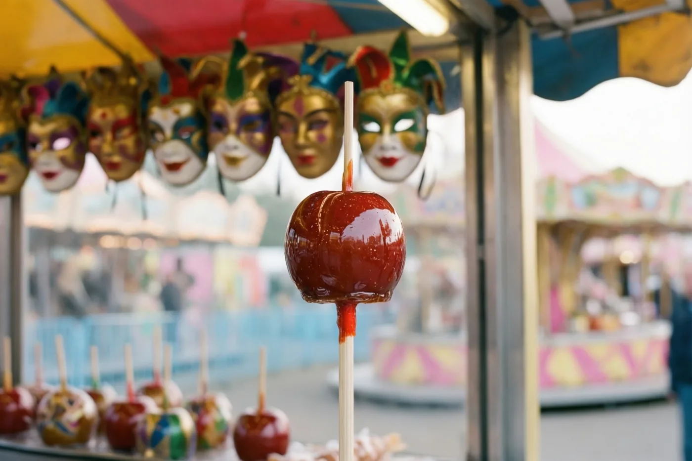 Een glanzende rode suikerappel op een stokje staat bij een kermiskraam, met een rij kleurrijke carnavalsmaskers en onscherpe attracties op de achtergrond.