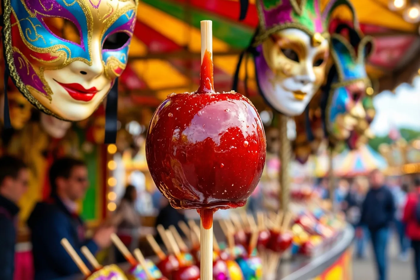 Een glanzende rode suikerappel op een stokje staat voor een kraam met kleurrijke carnavalsmaskers, met onscherpe mensen op de levendige kermisachtergrond.