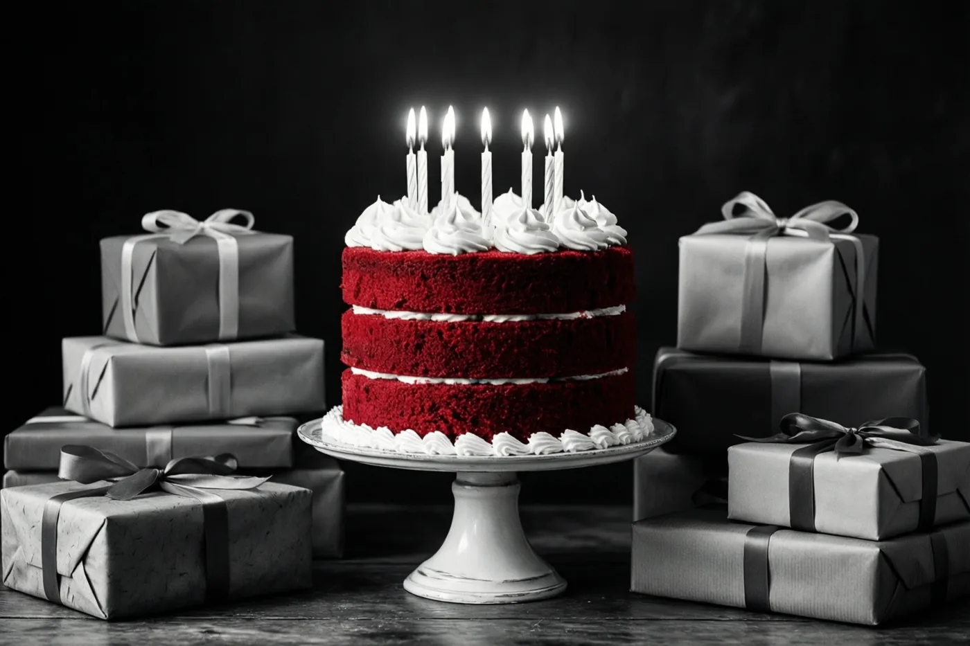 Een hoge redvelvettaart met wit glazuur en brandende kaarsjes staat op een witte taartstandaard tussen stapels ingepakte cadeautjes op een donkerhouten ondergrond tegen een donkere achtergrond.