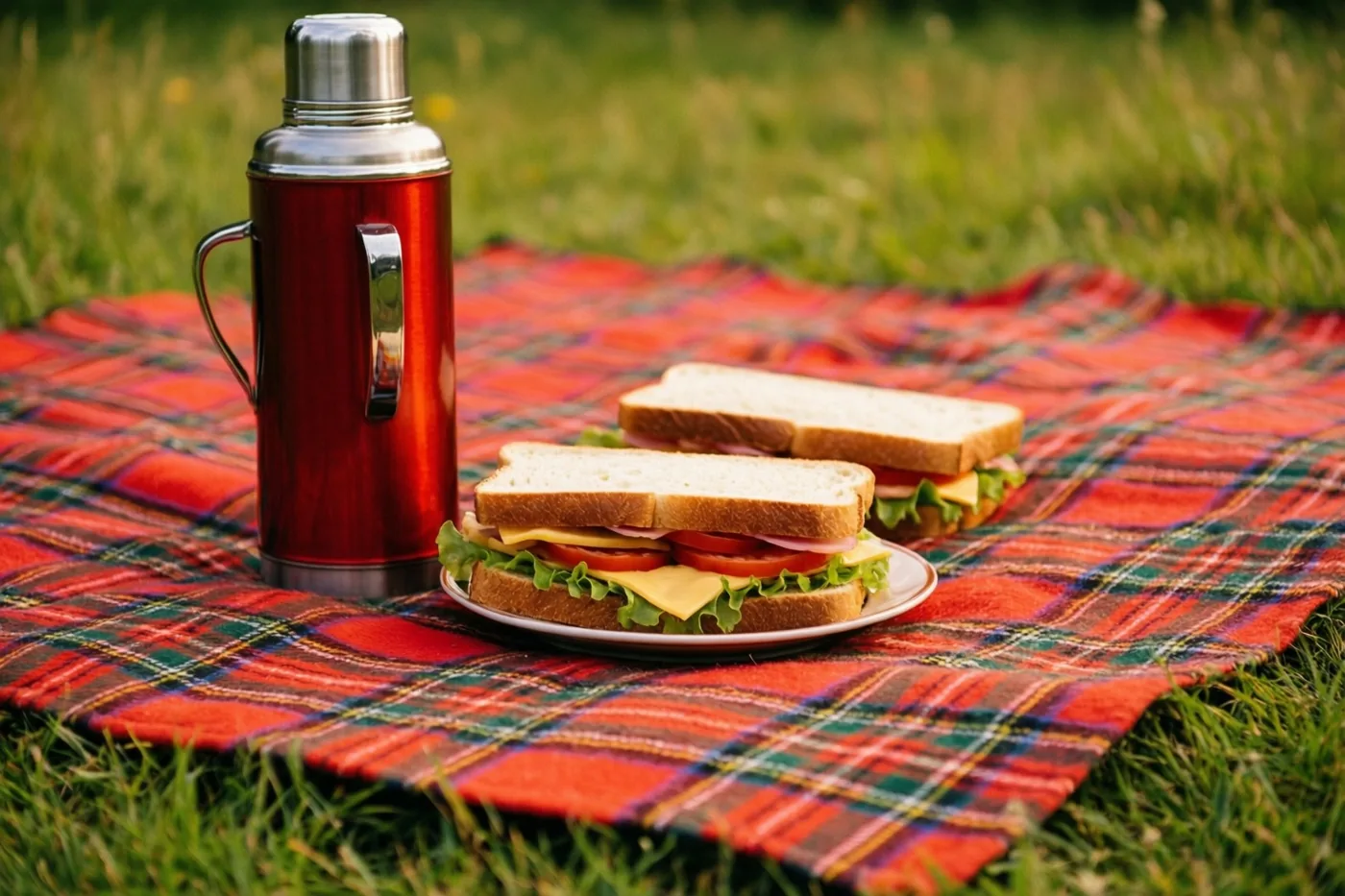 Twee belegde boterhammen op een bord en een rode thermos staan op een rood, groen en zwart geruit deken op het gras, weergegeven in warme vervaagde filmtinten.