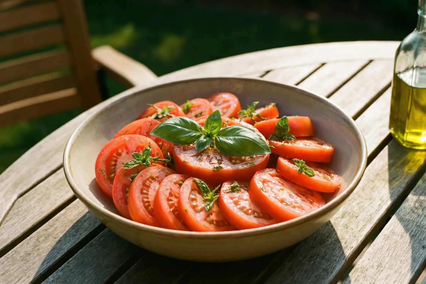Een kom gesneden rode tomaten met verse basilicumblaadjes staat op een houten latjestafel op een zonnig terras met groen op de achtergrond.