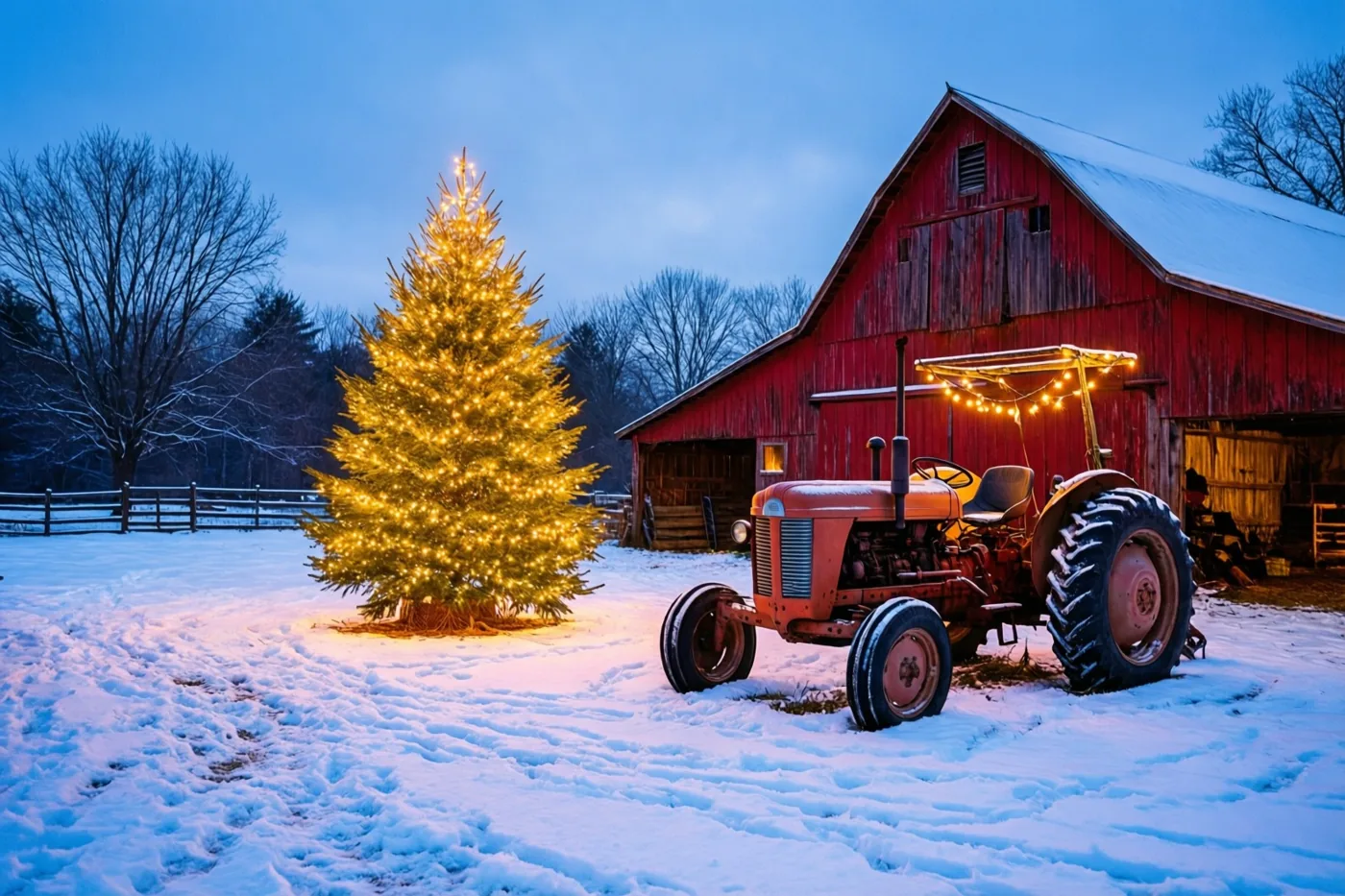 Een oude rode tractor met lichtslingers staat op een besneeuwd erf bij een fel verlichte kerstboom en een rode schuur in blauwe schemering.