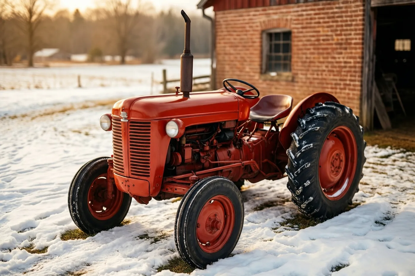 Een rode tractor uit de jaren vijftig staat op een besneeuwd boerenerf naast een rode bakstenen schuur, in warm gouden licht.
