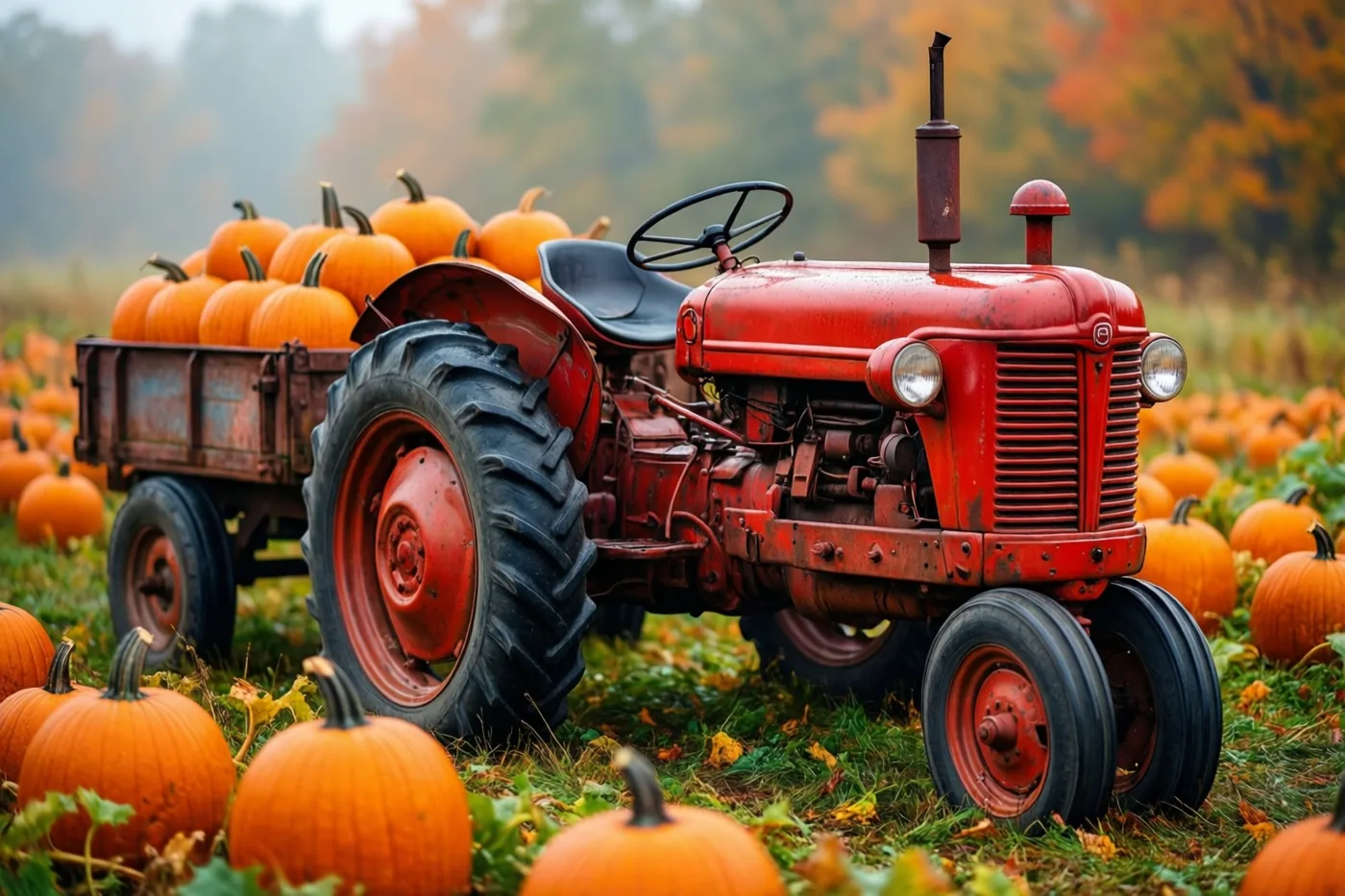 Een roestige rode oldtimertractor met een aanhangwagen vol oranje pompoenen staat op groen gras in een mistig herfstveld, met herfstbladeren op de achtergrond.