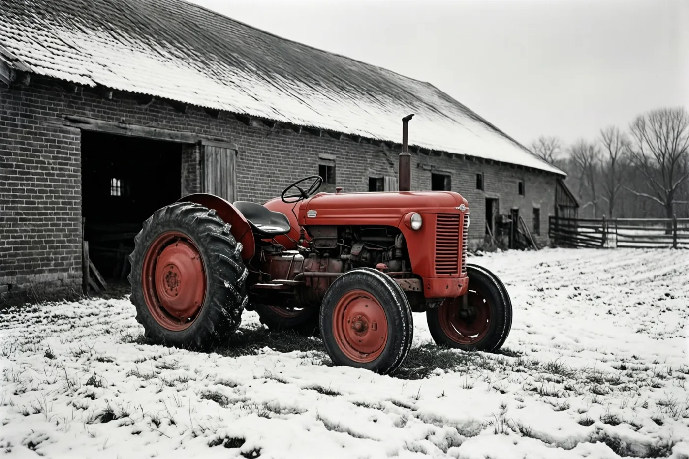 Een rode tractor uit de jaren vijftig staat op een besneeuwd boerenerf naast een grote bakstenen schuur, waarbij de omgeving in zwart-wit is weergegeven.