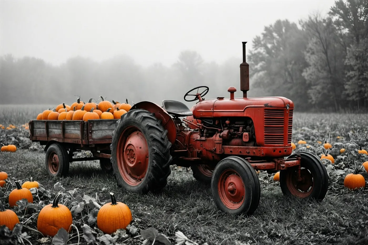 Een roestige rode oldtimertractor met een aanhangwagen vol pompoenen staat in een mistig herfstveld, waarbij het rood en oranje afsteken tegen de vrijwel kleurloze achtergrond.