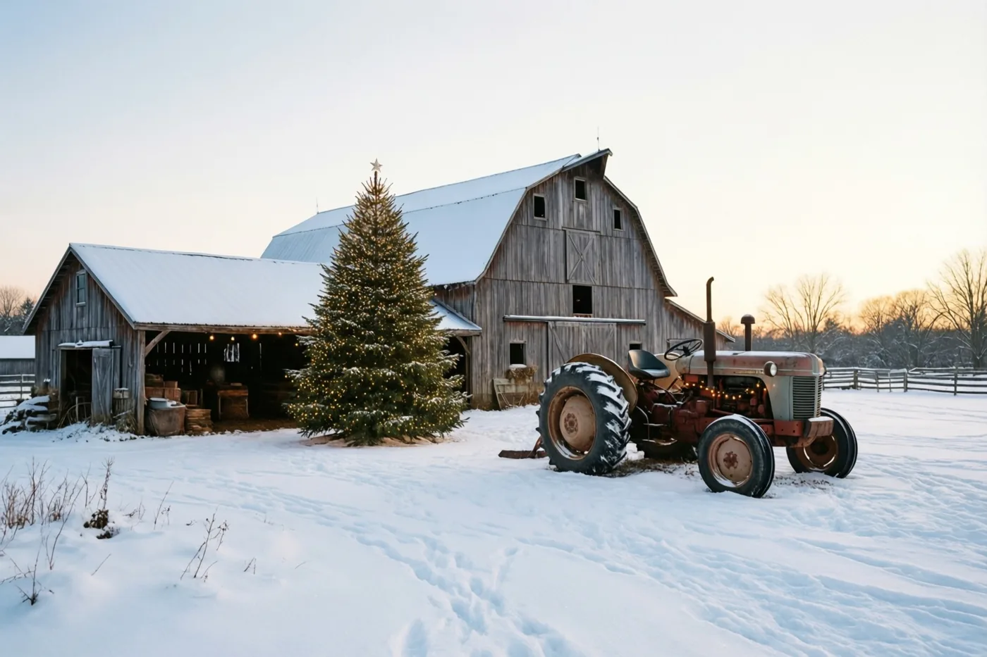 Op een besneeuwd boerenerf staan bij schemering een grote schuur en een oude rode tractor met sneeuw erop, met daartussen een hoge kerstboom met lichtjes en een ster.