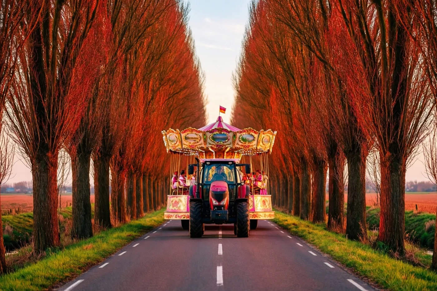 Een rode tractor trekt een kleurrijke praalwagen in de vorm van een draaimolen over een verharde weg tussen knotwilgen met felrood loof in warm gouden licht.