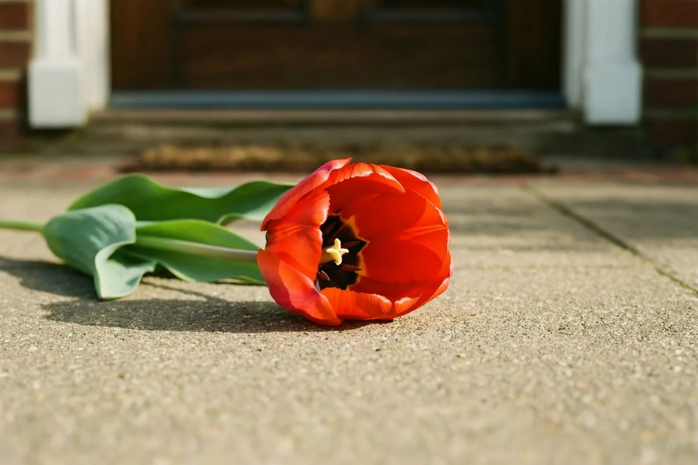Een rode tulp met groene bladeren ligt in warm zonlicht op een betonnen dorpel voor een houten deur.