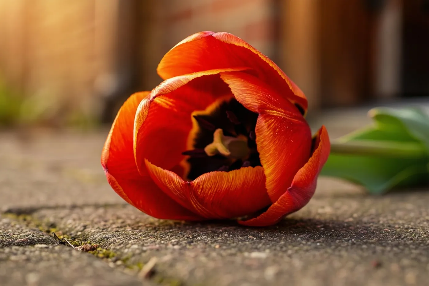 Een rode tulp met licht naar binnen gekrulde bloemblaadjes ligt op een ruwe stenen drempel in warm goudkleurig licht.