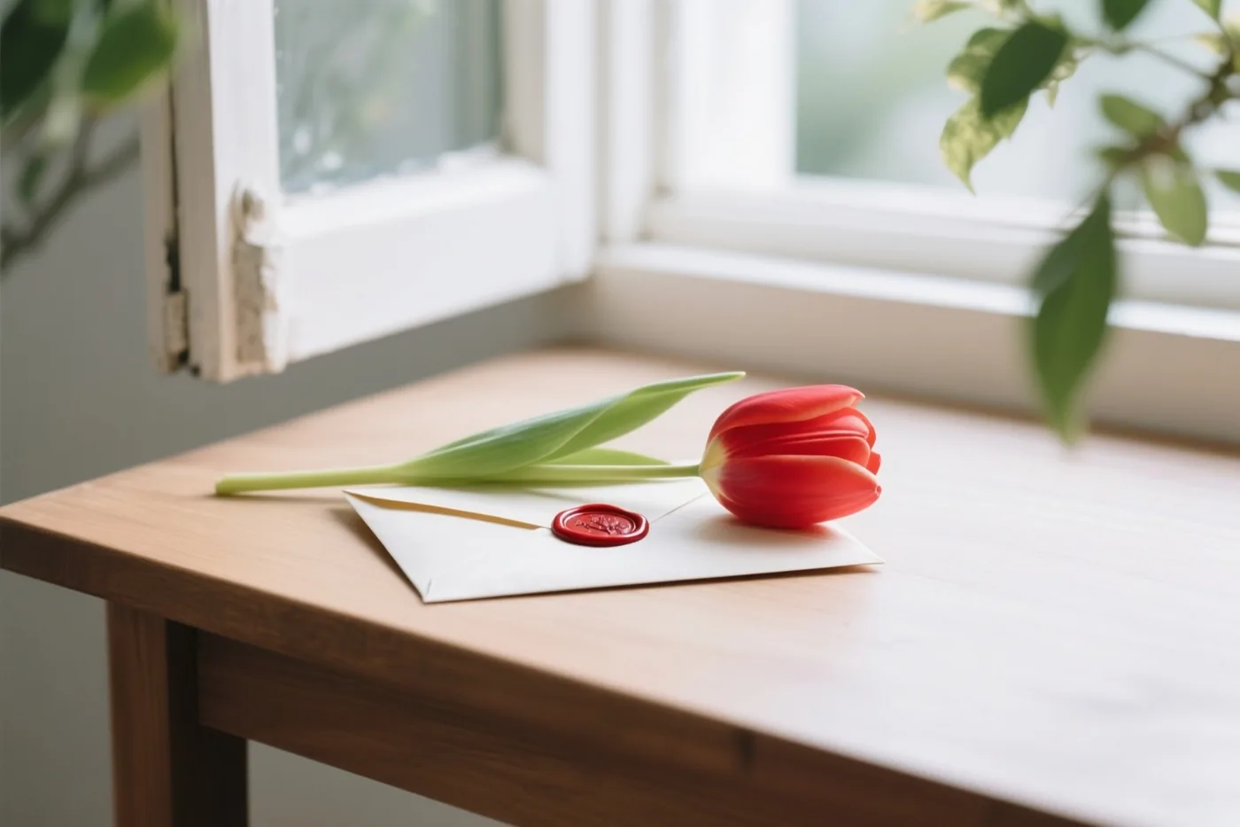 Een rode tulp ligt op een witte envelop met een rood lakzegel op een licht houten bureau, in zacht daglicht van een raam.
