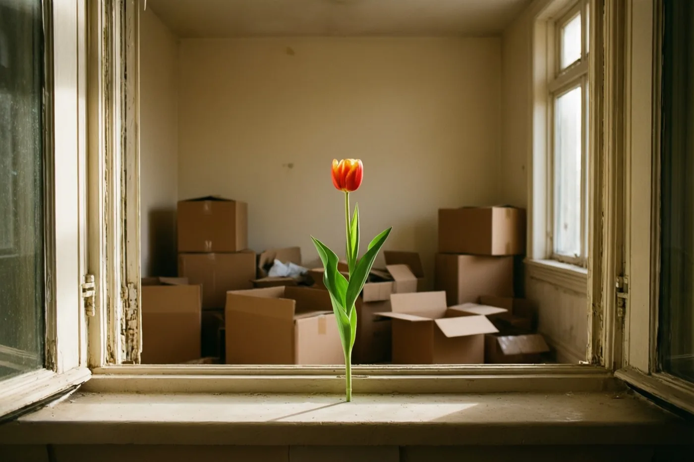 Een rode tulp staat op een verweerde vensterbank in een lege kamer met gestapelde kartonnen dozen, verlicht door warm daglicht.