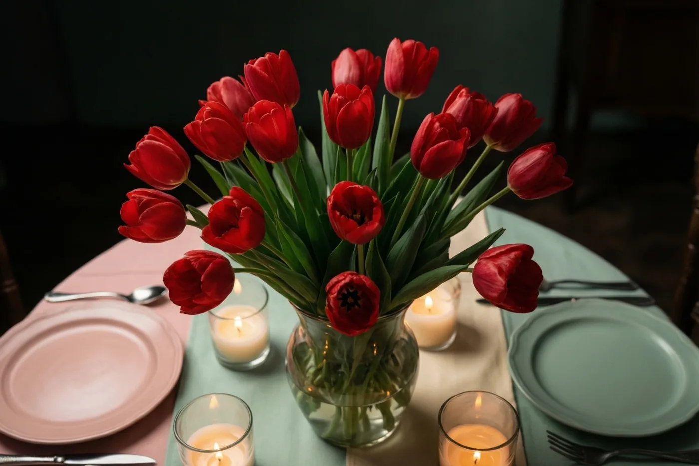 Een vaas met rode tulpen staat tussen borden en bestek op een tafel voor twee, verlicht door brandende kaarsen.