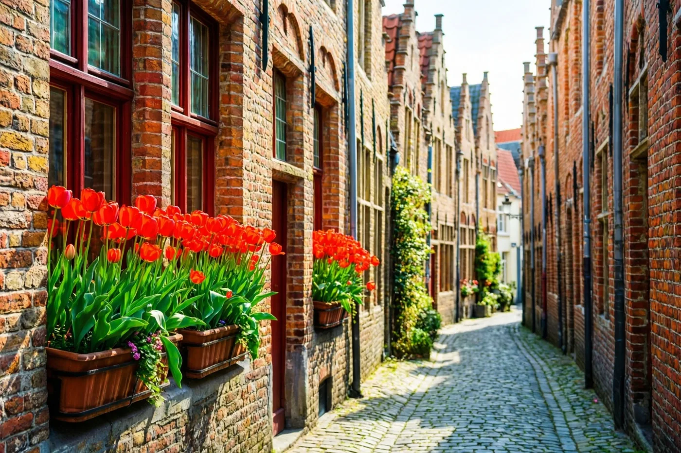 Een smal kasseistraatje in een oud Vlaams stadje is omzoomd door bakstenen gebouwen met bloembakken vol felrode tulpen in warm zonlicht.