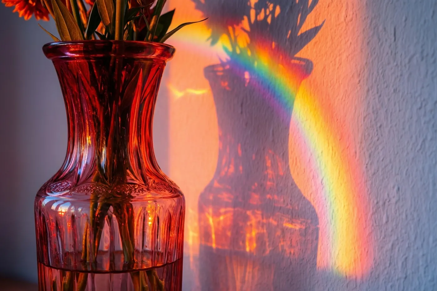 Een rode glazen vaas met bloemen werpt een regenboogschaduw op een witte muur met structuur, in warm rood en oranje licht.