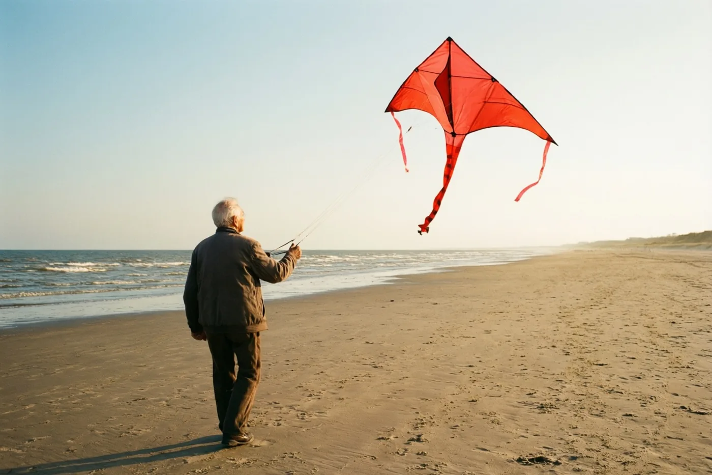 Een oudere man met wit haar laat van achteren gezien een felrode vlieger op boven een breed zandstrand bij zee, in warm, goudkleurig licht.