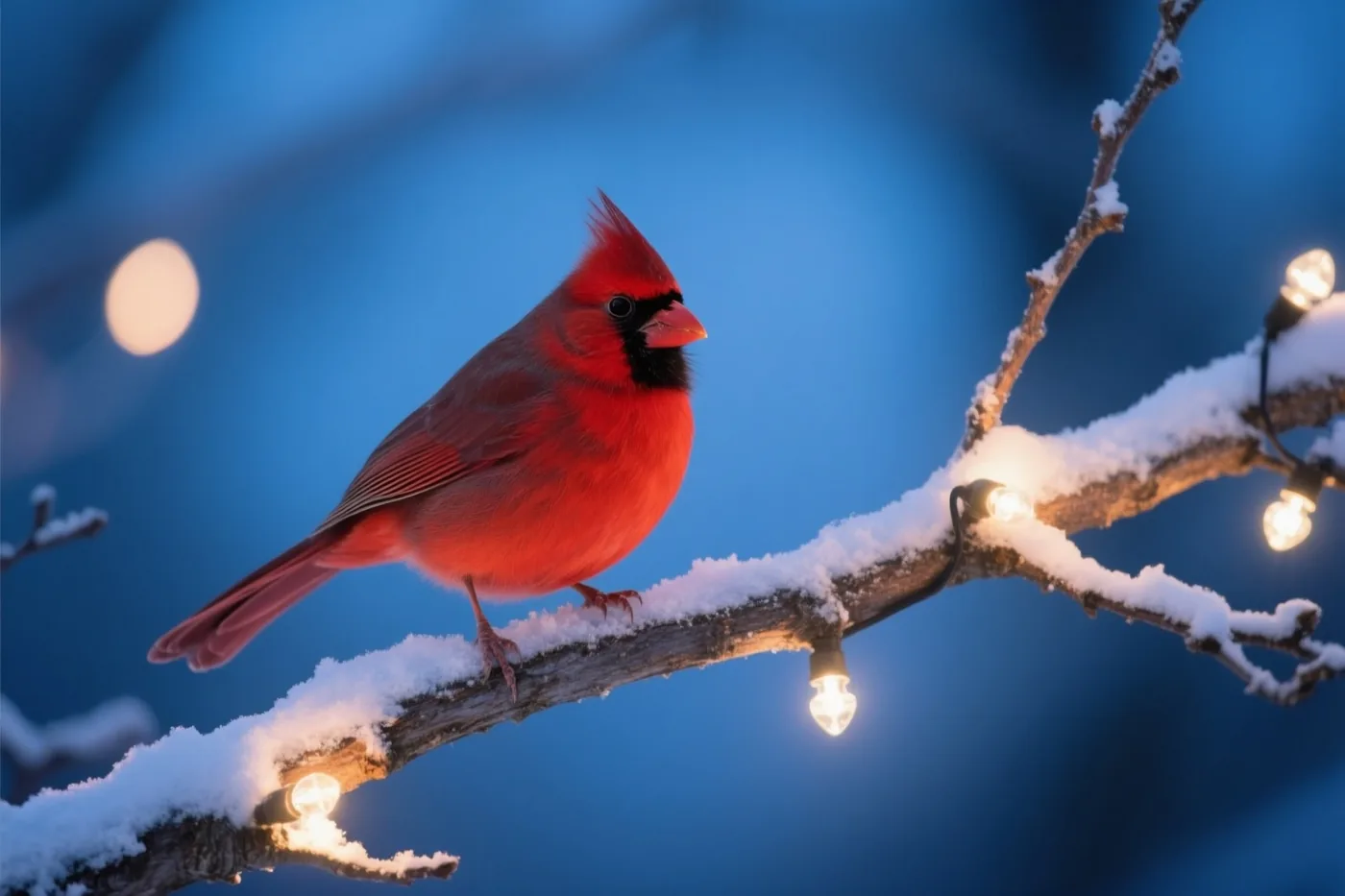 Een rode kardinaalvogel zit op een besneeuwde tak met brandende lichtjes, tegen een diepblauwe winterhemel met een onscherpe maan.