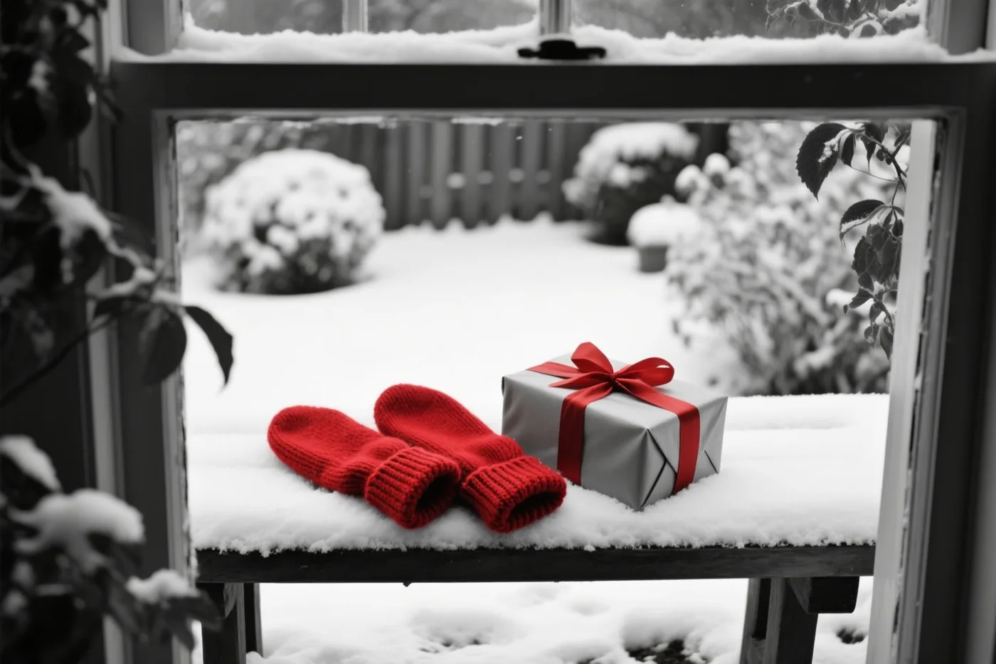 Door een raam zijn rode wollen wanten en een zilverkleurig ingepakt cadeau met een rood lint op een besneeuwde tuinbank te zien, in een verder monochroom beeld.