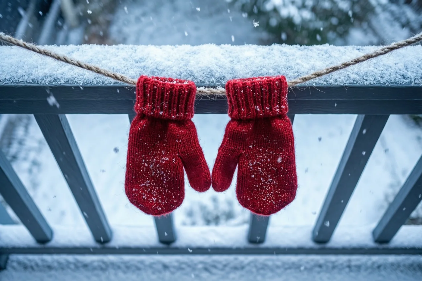 Twee kleine rode gebreide wanten hangen aan een touw boven een besneeuwde verandaleuning terwijl er sneeuwvlokken vallen.