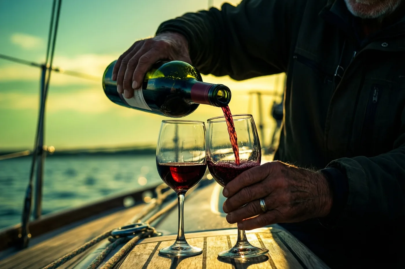 Oudere handen schenken rode wijn in twee glazen op het houten dek van een zeilboot bij zonsondergang, in warme gouden en blauwgroene tinten.