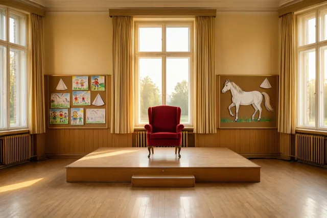 Een rode zetel staat centraal op een houten podium in een schoolzaal, met tekeningen van een wit paard en papieren mijters aan de muren en zonlicht door grote ramen.