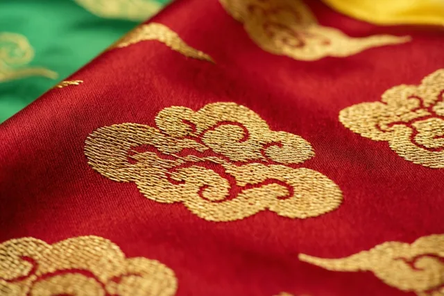 Een detailopname toont rode zijde met ingeweven gouden wolkenpatronen tegen een zacht wazige groene achtergrond.