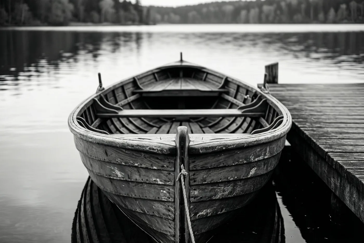 Een zwart-witfoto toont een verweerde houten roeiboot aan een houten steiger op een kalm meer, met een beboste oever op de achtergrond.