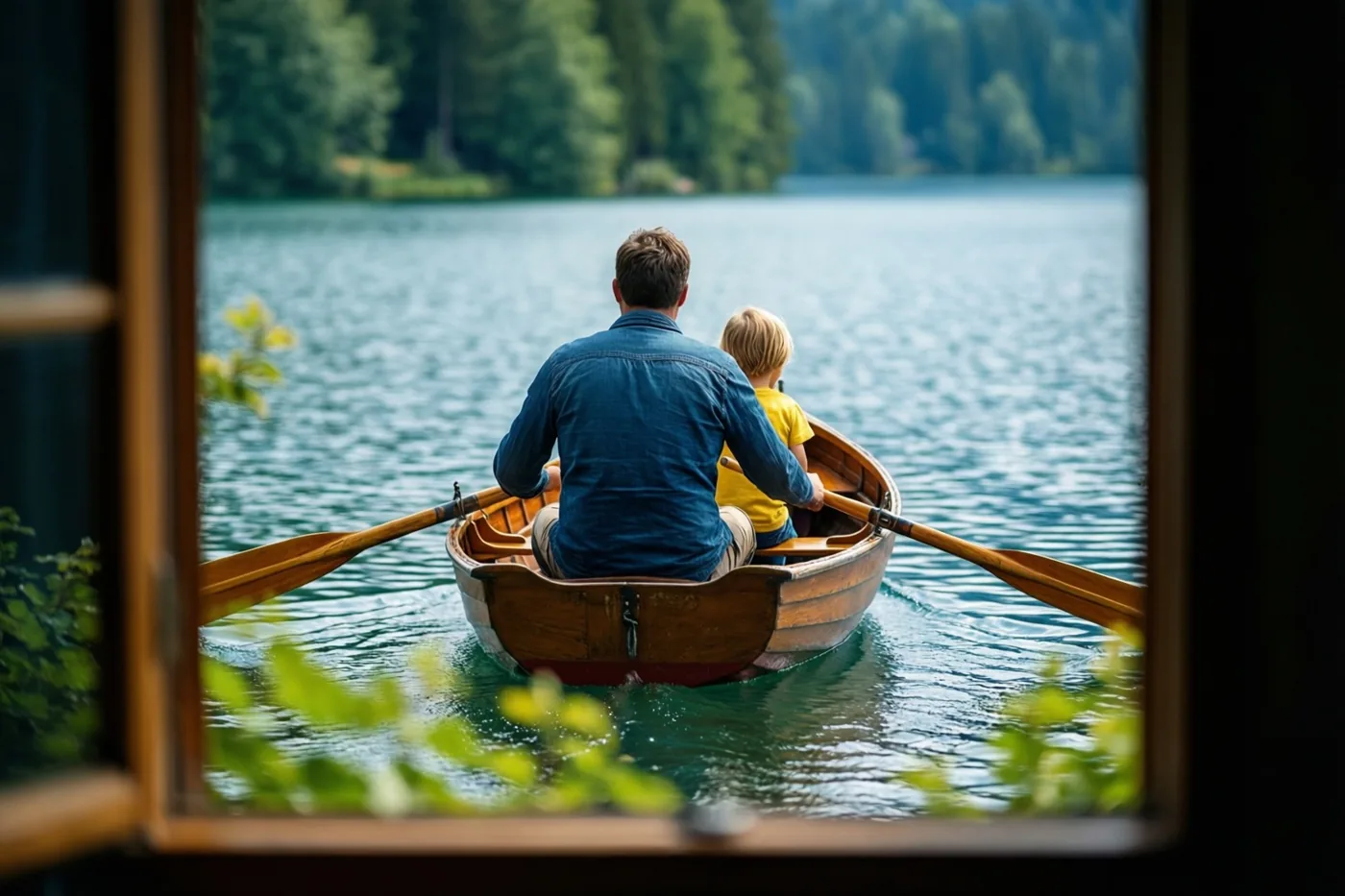 Door een houten raam met groen op de voorgrond zijn een vader en kind van achteren te zien terwijl ze in een houten boot over een rustig meer roeien.