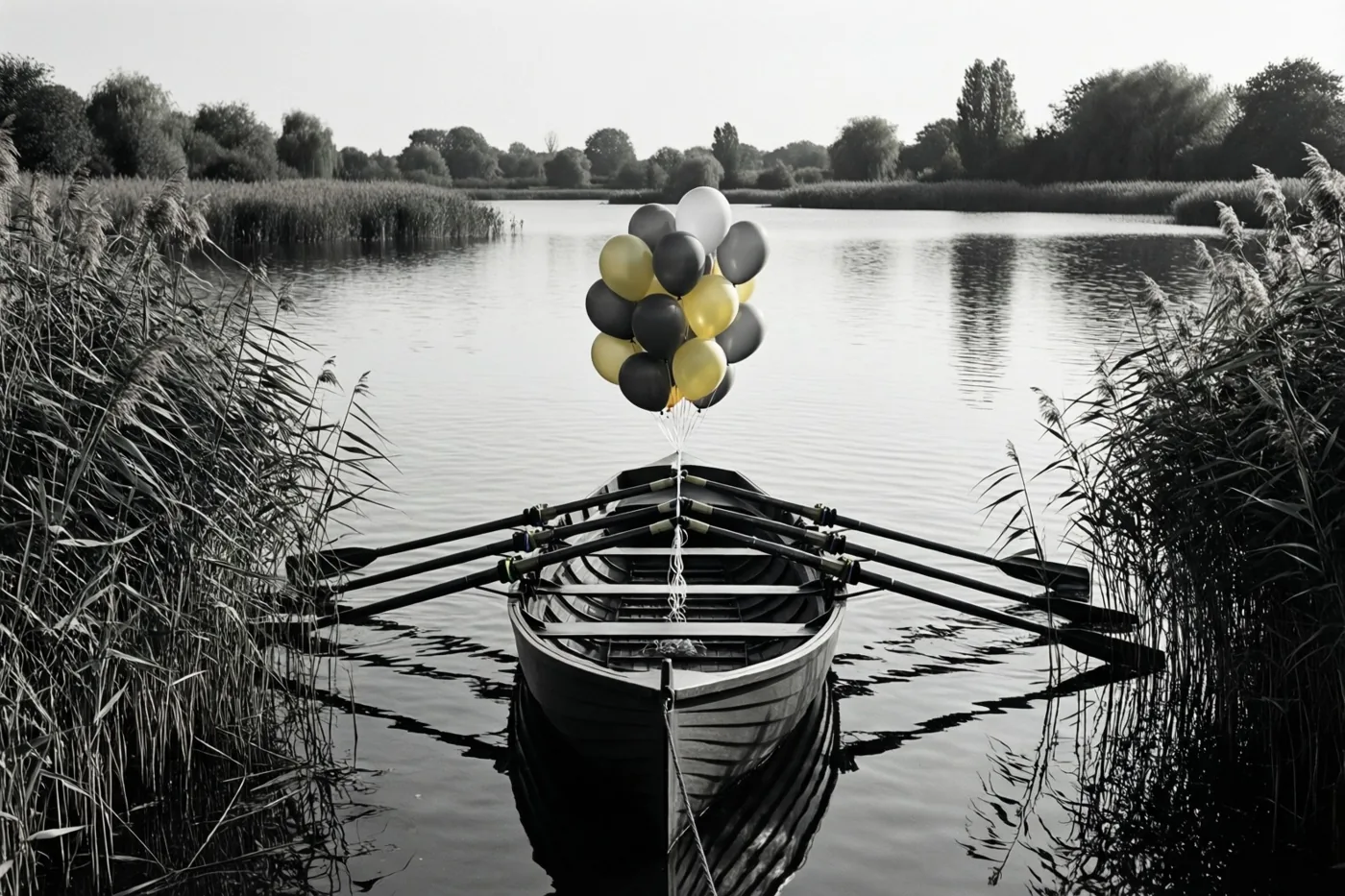 Een roeiboot met gele en witte ballonnen aan de boeg ligt aangemeerd tussen hoog riet op een kalm meer, waarbij de ballonnen kleur behouden in een verder zwart-witbeeld.