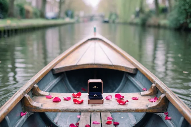 Een houten roeiboot ligt op een kalm kanaal met rode rozenblaadjes en een klein open ringdoosje op de zitbank en onscherp groen langs de oever.