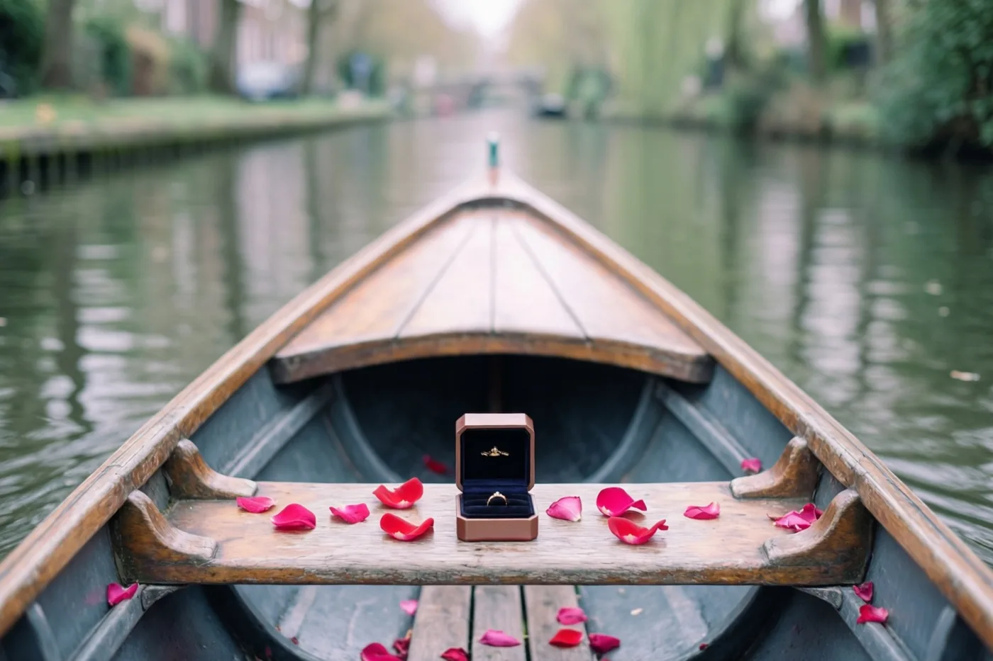 Een houten roeiboot ligt op een kalm kanaal met rode rozenblaadjes en een klein open ringdoosje op de zitbank en onscherp groen langs de oever.