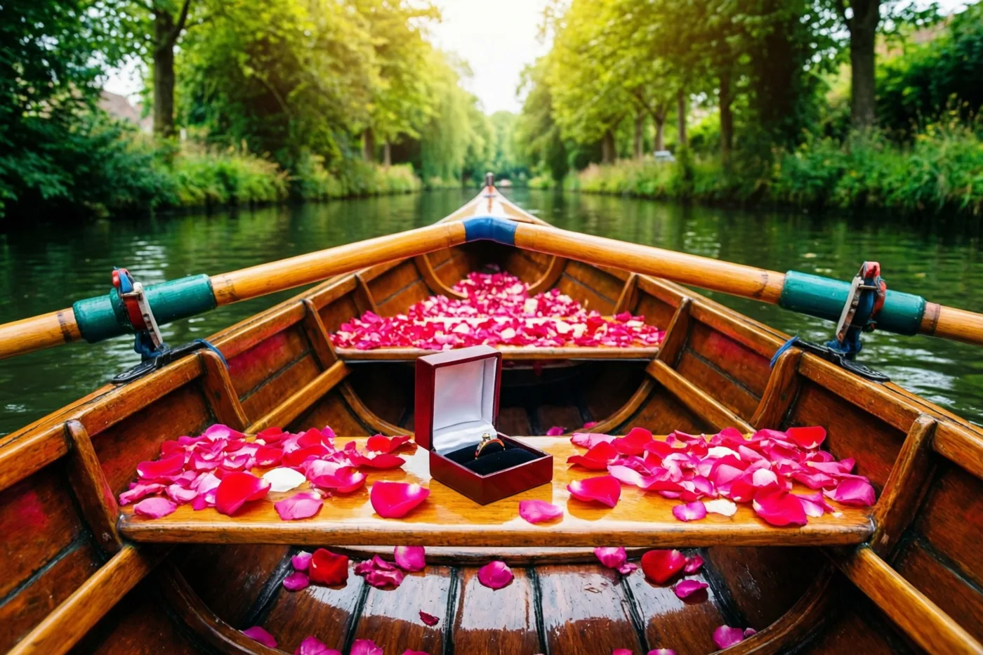 Een houten roeiboot drijft op een rustig kanaal met groene bomen langs de oevers, met felroze rozenblaadjes en een open ringdoosje op de zitbank.