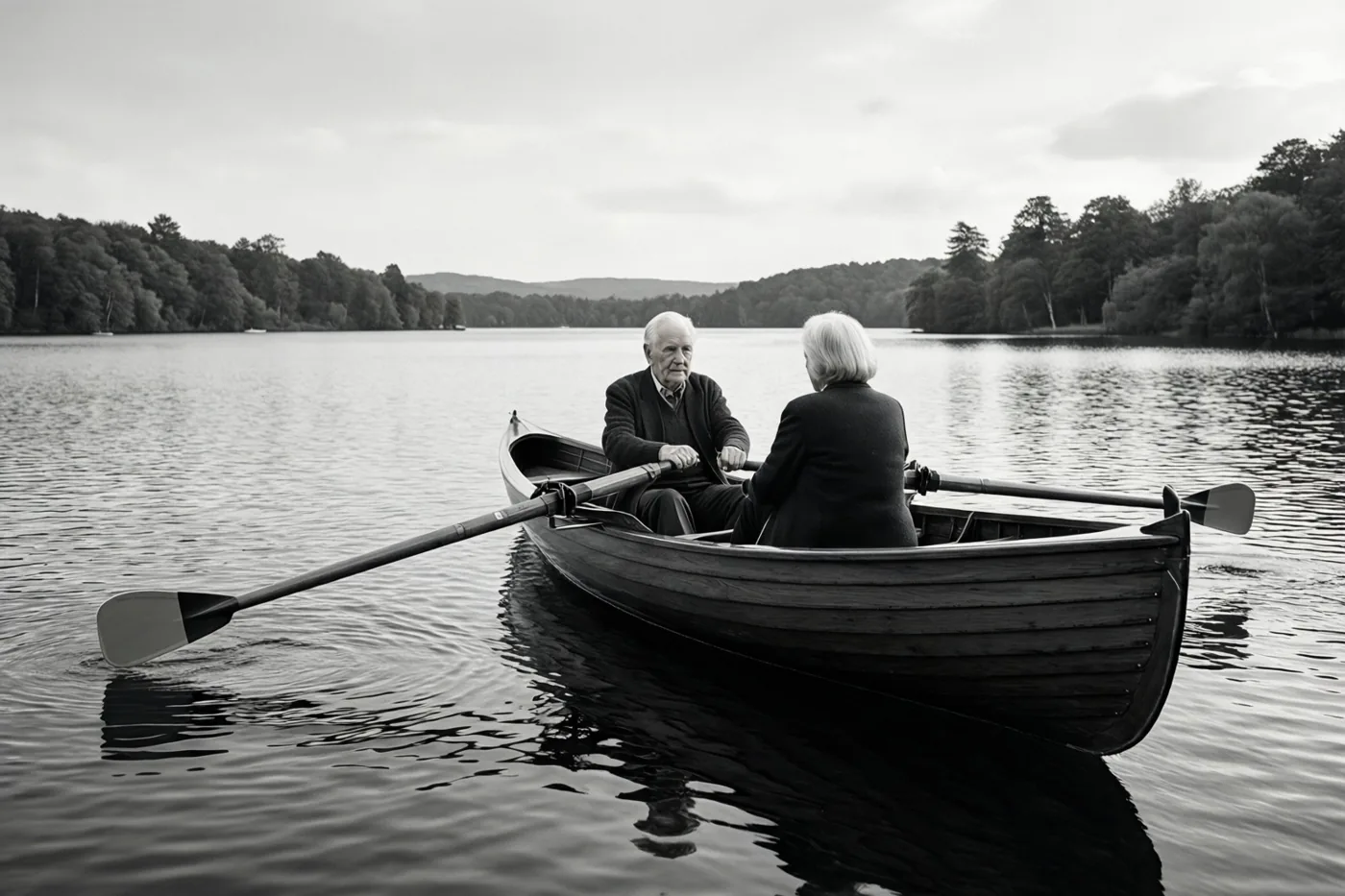 Op een zwart-witfoto is vanop afstand een ouder koppel te zien in een houten roeiboot op een kalm meer.