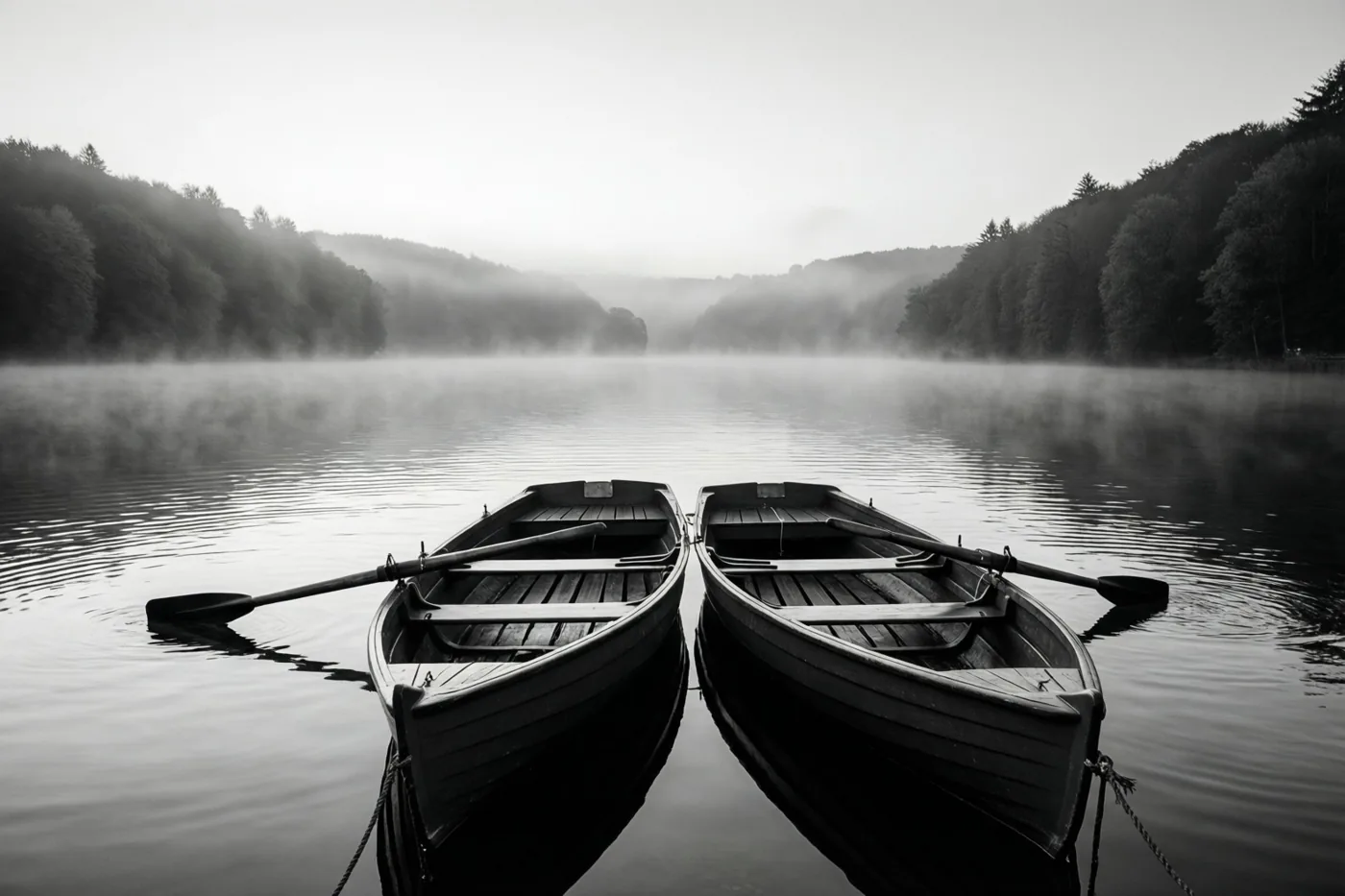 Een monochrome foto toont twee roeiboten naast elkaar aangemeerd op een kalm meer, omringd door mistige, beboste heuvels.