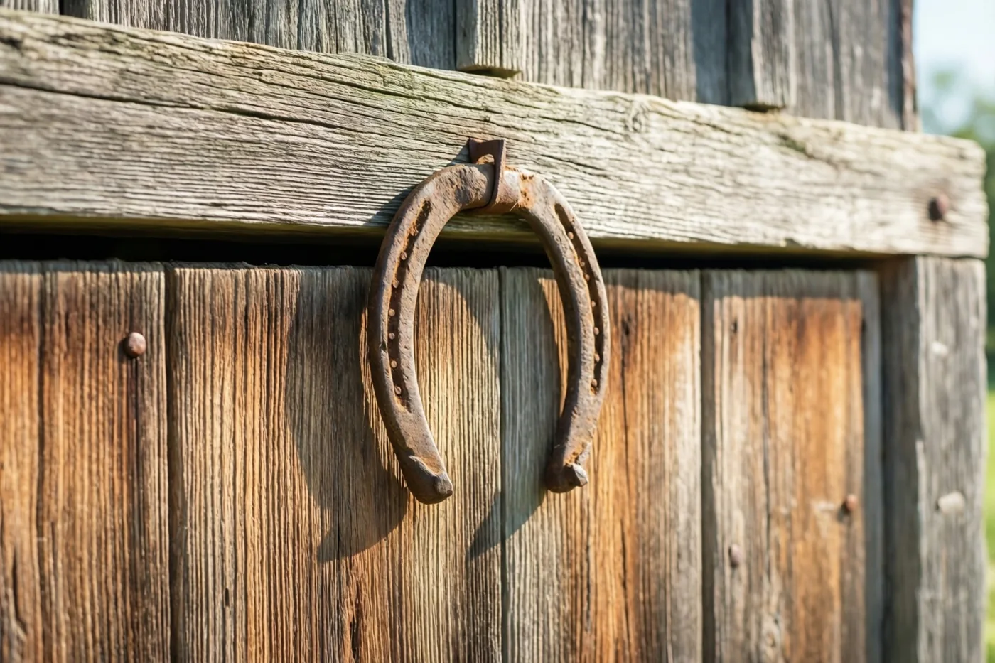 Een roestig hoefijzer zit op een verweerde houten schuurdeur, met zonlicht en schaduwen op het hout.