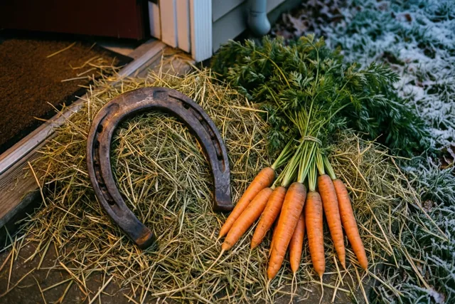 Een roestig hoefijzer en een bundel wortels met loof liggen op stro op een drempel, met licht besneeuwd gras op de achtergrond tijdens een vriesnacht.