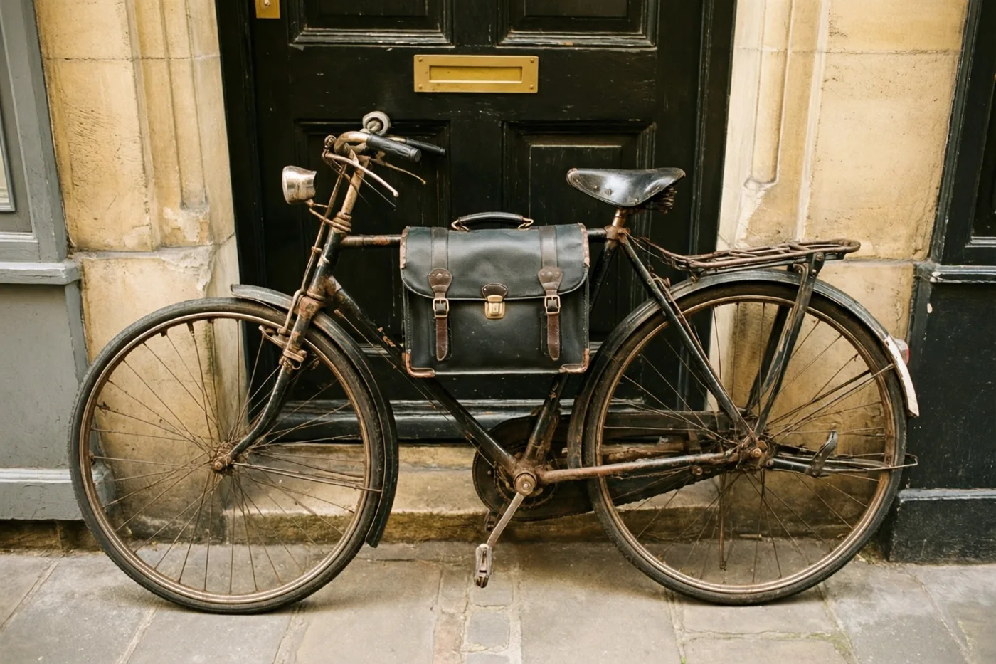 Een oude roestige fiets met een zwarte leren aktetas op de voordrager staat op een stenen stoep voor een donkere houten deur en een verweerde stenen muur.