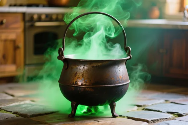 Felgroene nevel stijgt uit een oude roestige ijzeren ketel met een gebogen hengsel op een stenen vloer, met houten keukenkasten en een fornuis onscherp op de achtergrond.