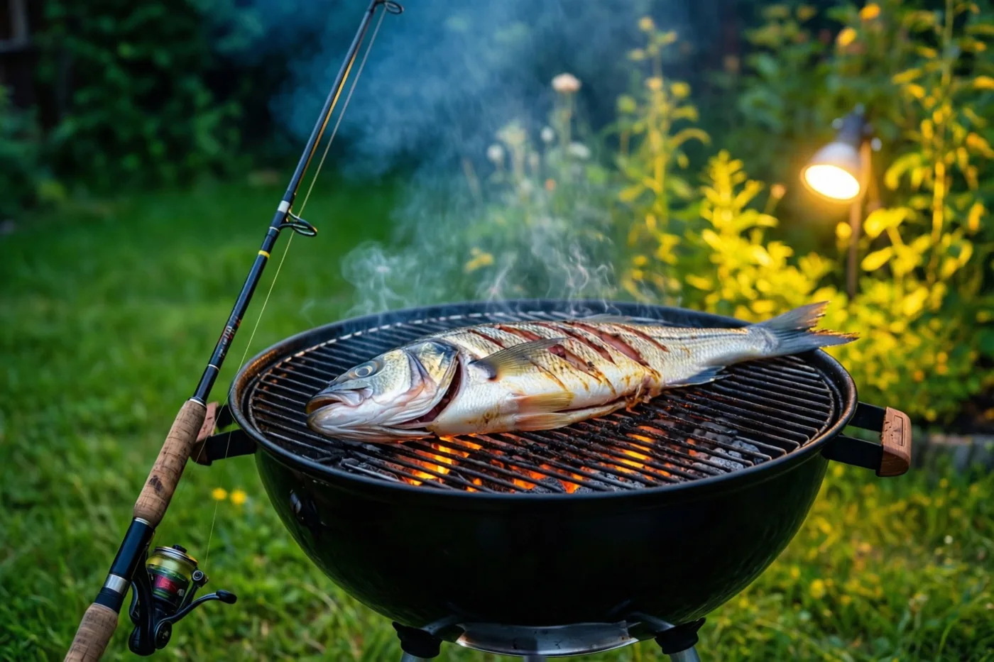 Een hele vis ligt op een zwarte houtskoolbarbecue waar rook uit opstijgt, met een hengel ertegen in een groene tuin bij schemerlicht.
