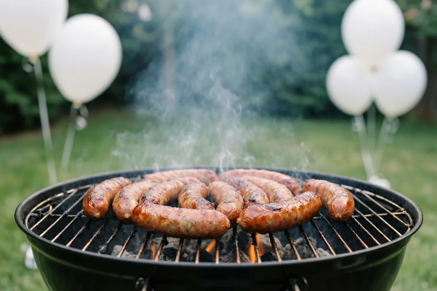 Worstjes bakken op een zwarte barbecue waar rook uit opstijgt, in een groene tuin met witte ballonnen op de achtergrond.
