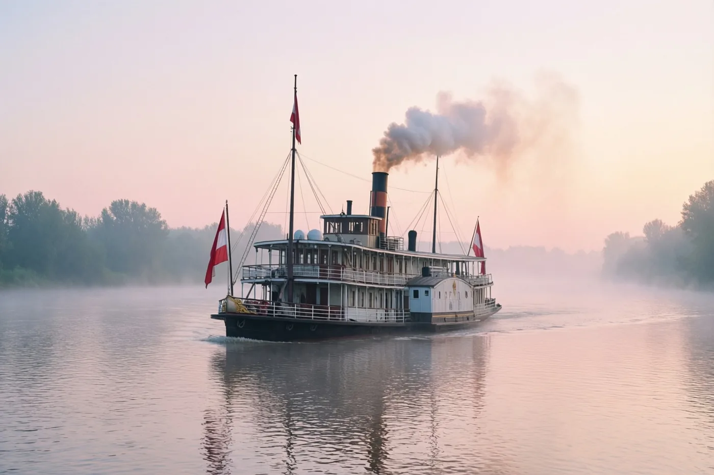Een stoomboot met rode en witte vlaggen vaart rokend op een mistige rivier bij dageraad in roze en oranje licht.